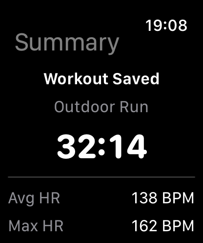 Workout summary showing avg HR, max HR, distance, calories, time in zone