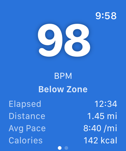RateGuard below zone — 98 BPM on a blue full-screen background