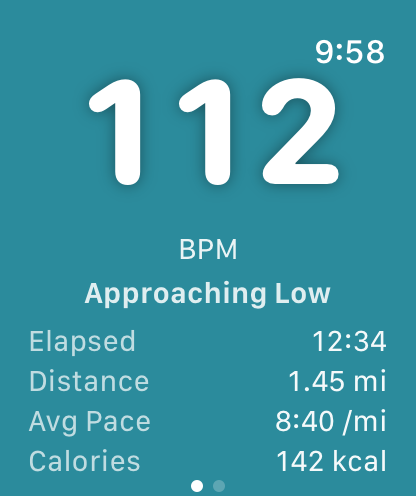 RateGuard approaching low — 112 BPM on a teal full-screen background